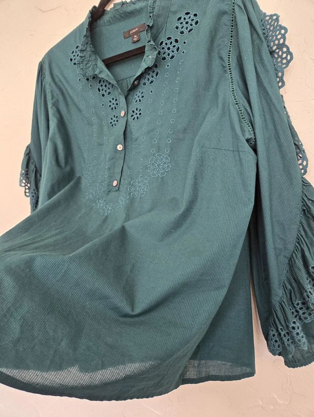 J. Crew Eyelet Ruffle Embroidered Emerald Green Top, XL